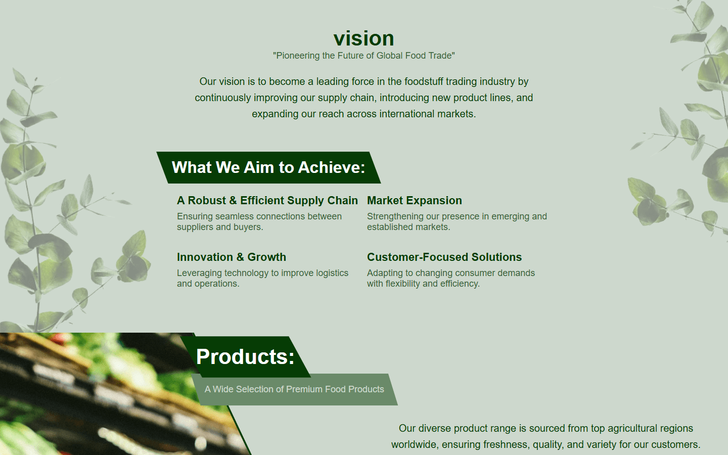 Vision section with goals and decorative leaves