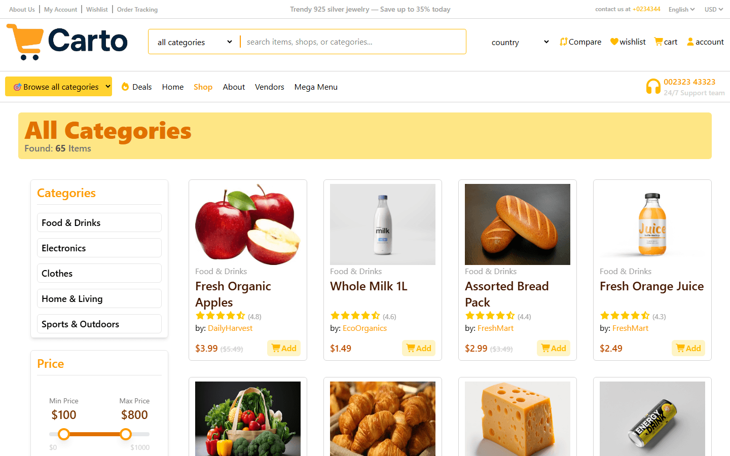 Carto shop page listing products with filters