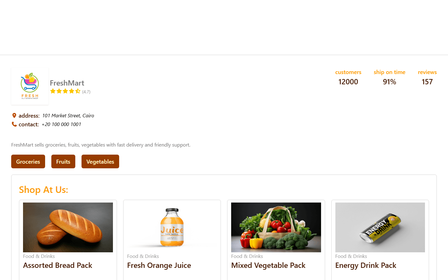 Vendor profile page with products